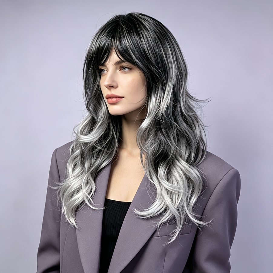 TEMU -inch Black-to-silvery-gray Ombre Long Curly Wig For Women, Featuring Bangs And Large Waves. Has A With Silvery-gray Streaked Ombre Coloring, A