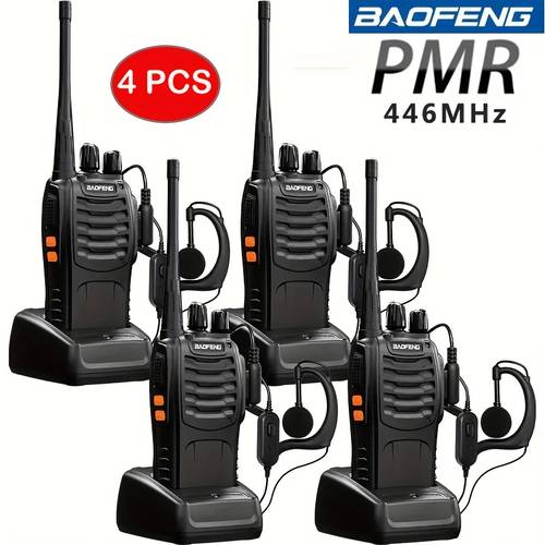 صورة العنصر 4 وحدات من pmr 446mhz للكبار، راديو محمول bf-88e، يأتي مع 4 سماعات رأس و4 شاحنات، مدى اتصال طويل، مكبرات صوت صاخبة وواضحة، 16 قناة، سهل وسهل الاستخدام.