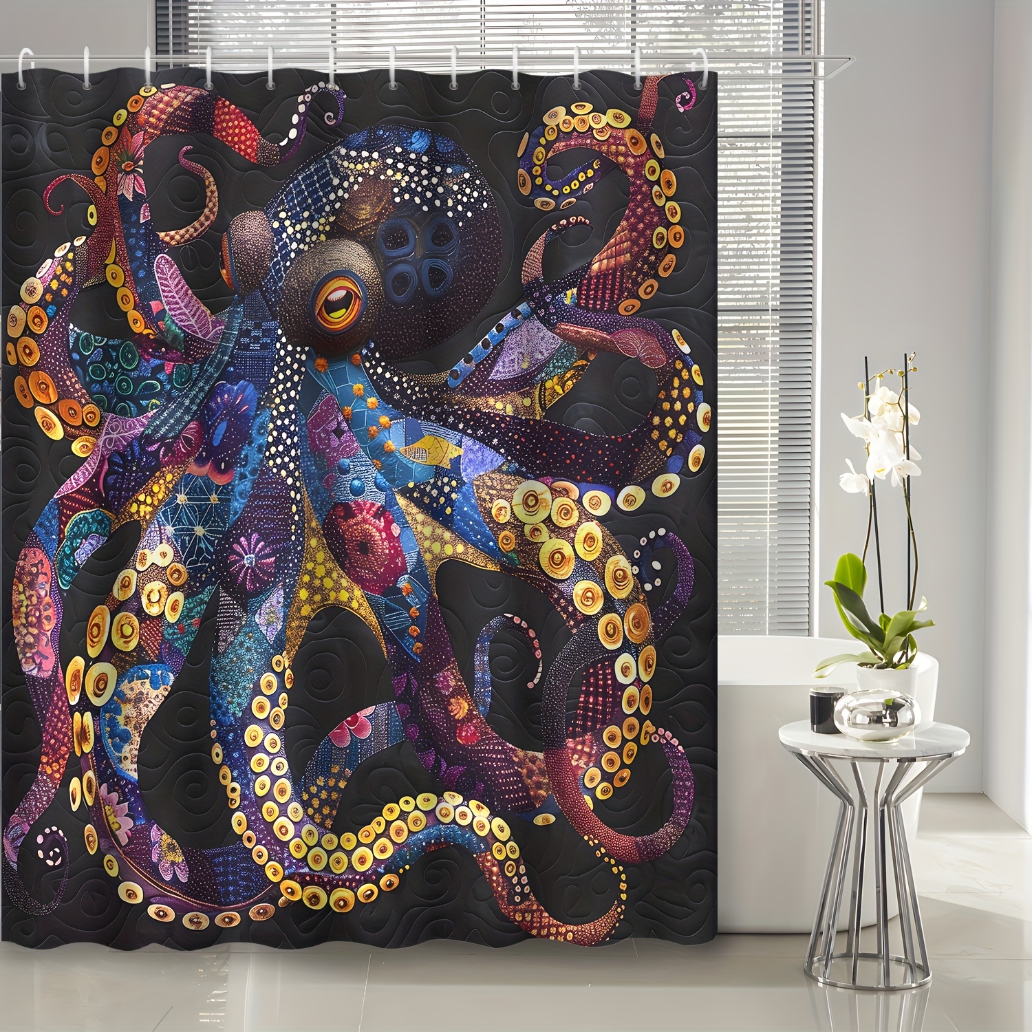 

1pc Retro Splicing Deep Sea Octopus Shower Curtain, Bathroom Decoration, Including Waterproof Shower Curtain And 12 Hooks, Bathroom Accessories