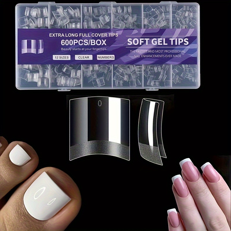 

600pcs Short Square French Gel Nail Tips, Transparent Clear Fake Toenails, Full Cover Acrylic Extensions, Pre- Soft Gel Toe Nail Tips For Press On Manicure