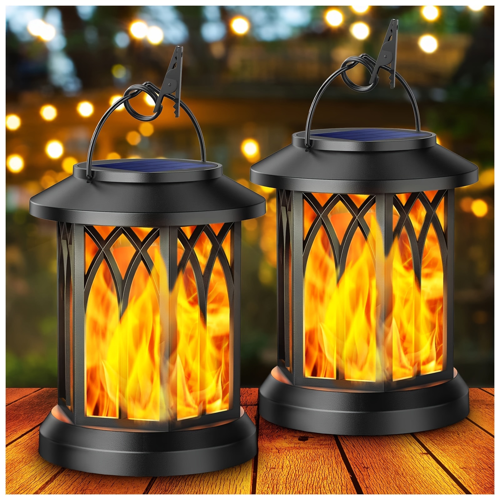 E-shop 2er-Set Solar-Außenleuchten Garten Hängelaternen, Solar-Laternen mit Flammeneffekt, IPX5 Solar-Gartendekoration mit Clips für Außenbereich, Hof,