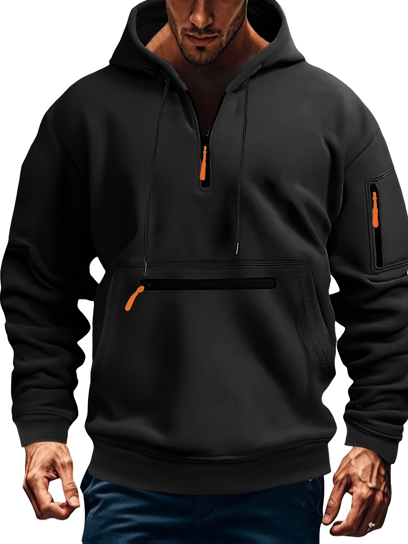 kangaroo pocket half zip hooded jacket men' color hoodie kangaroo pocket half zip design Temu Philippines