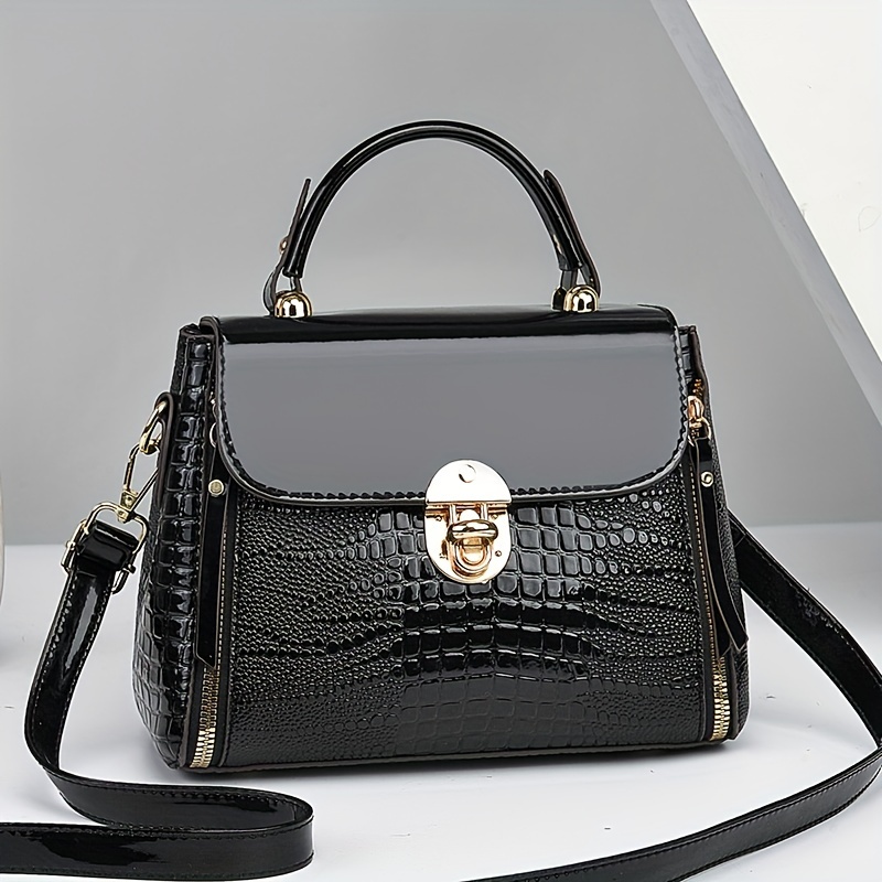 

Elegant Crocodile Pattern Leather Handbag For Women, Black Solid Color, Movie Theme, Closure, Polyester Lined, Messenger Shoulder Bag, Ideal Valentine's Gift