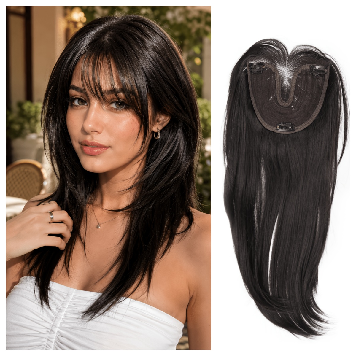 16-inch French Layered Clavicle-length Wig For Women, Bangs Medium-length Wig, New Lazy Atmosphere Style, High-layered Fashionable Look, High-temperature Fiber, Realistic And