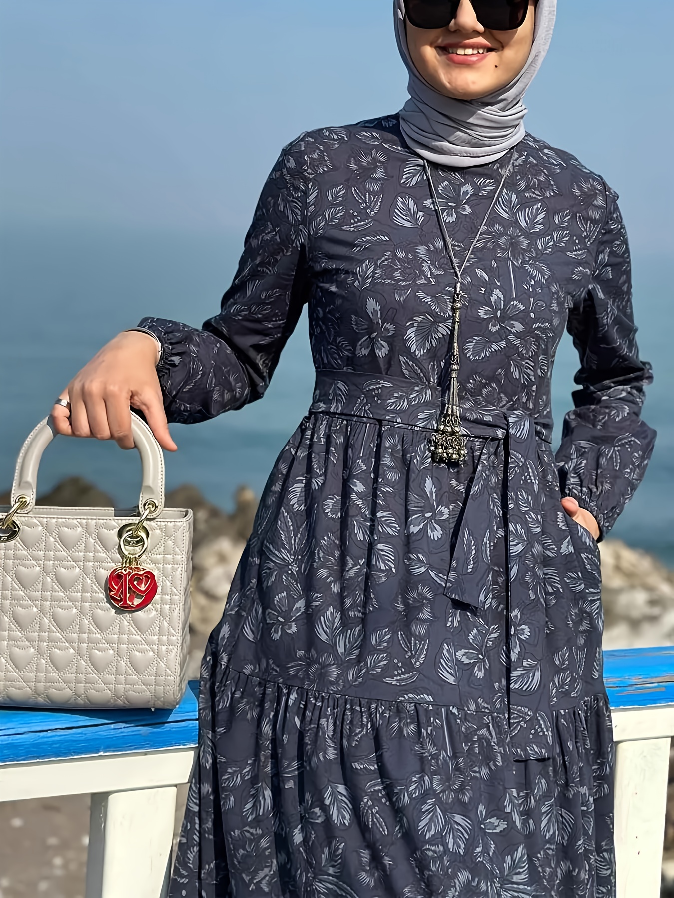 comfortable middle eastern print long dress robe floral pattern long length belted suitable for  