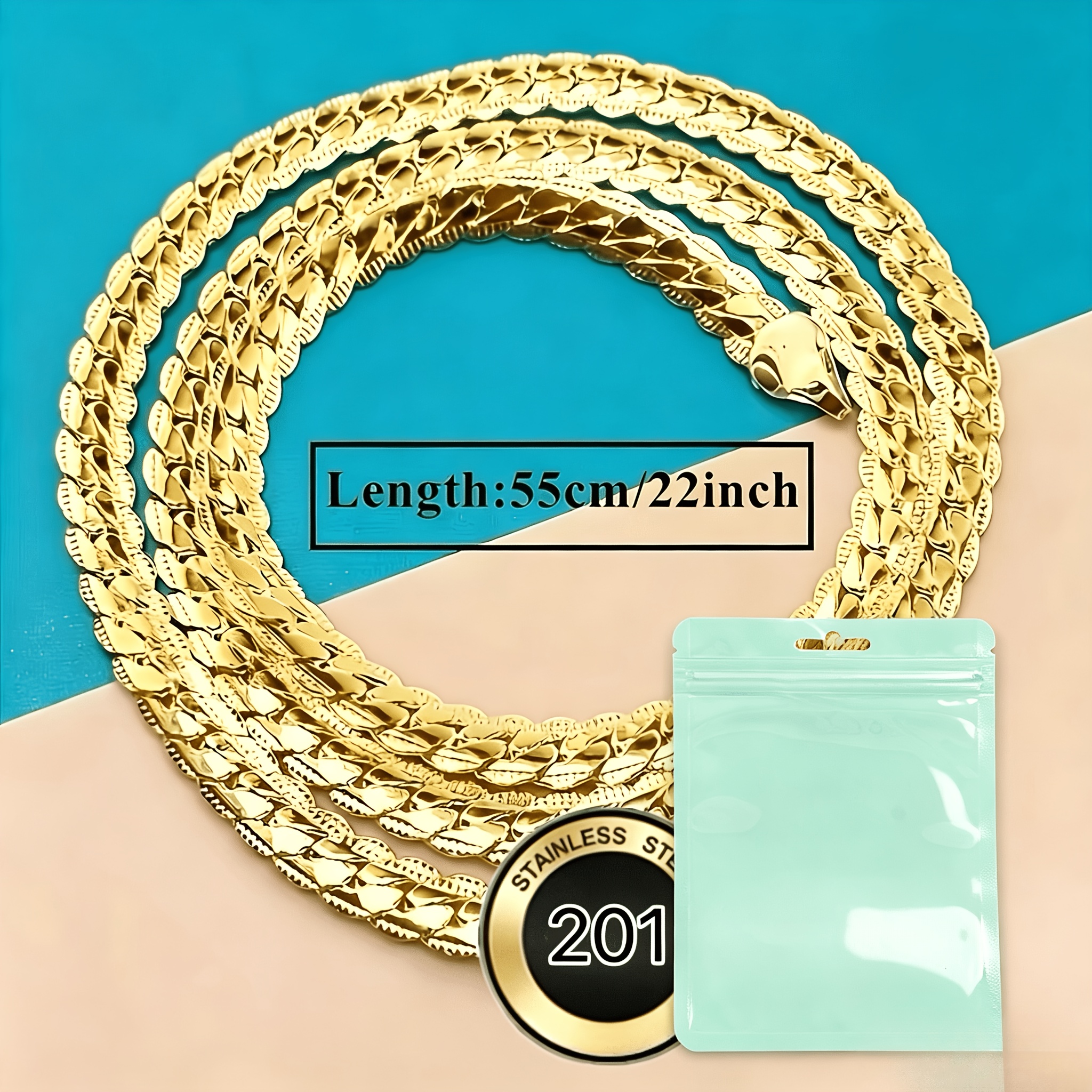 TEMU Men's 18k Gold Plated Golden-plated Cuban Link Chain Necklace – 22-inch Heavy-duty Interlocking Chain Design, Luxurious 18k Gold Plated