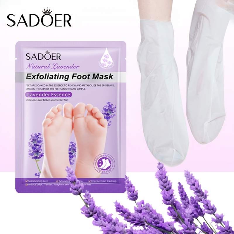 5 pairs sadoer natural lavender exfoliating mask - physical exfoliator for smooth & shiny feet, paraben-free & hypoallergenic, sensitive light beige safe, moisturizing spa with lavender scent, pedicure gift for women, spa products, lavender mask, exfoliating mask, Product details 0