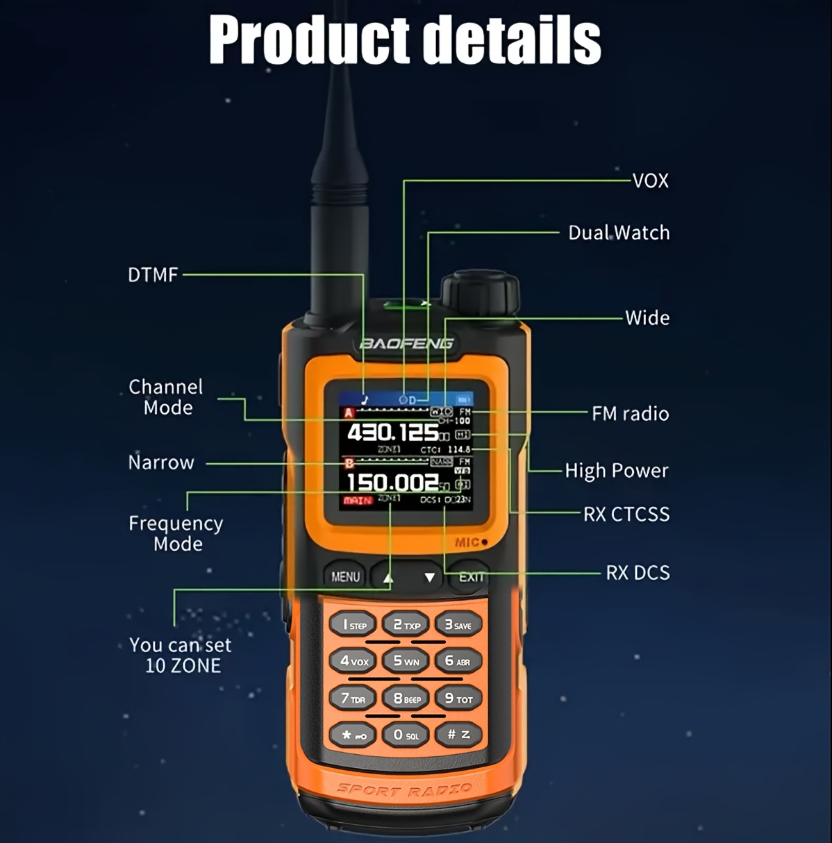   професионален ручен двосмерен   - 1000 канали uhf воки токи со dual watch, usb полнење на батерија, фреквенција 136-174mhz, меморија за 10 зони, за бизнис, градежништво, настани, јавна безбедност - компатибилен со други уреди, голема екранска површина, сигурна комуникација, мултиканална коммуникација, за бизнис професионалци Детали за производот 13