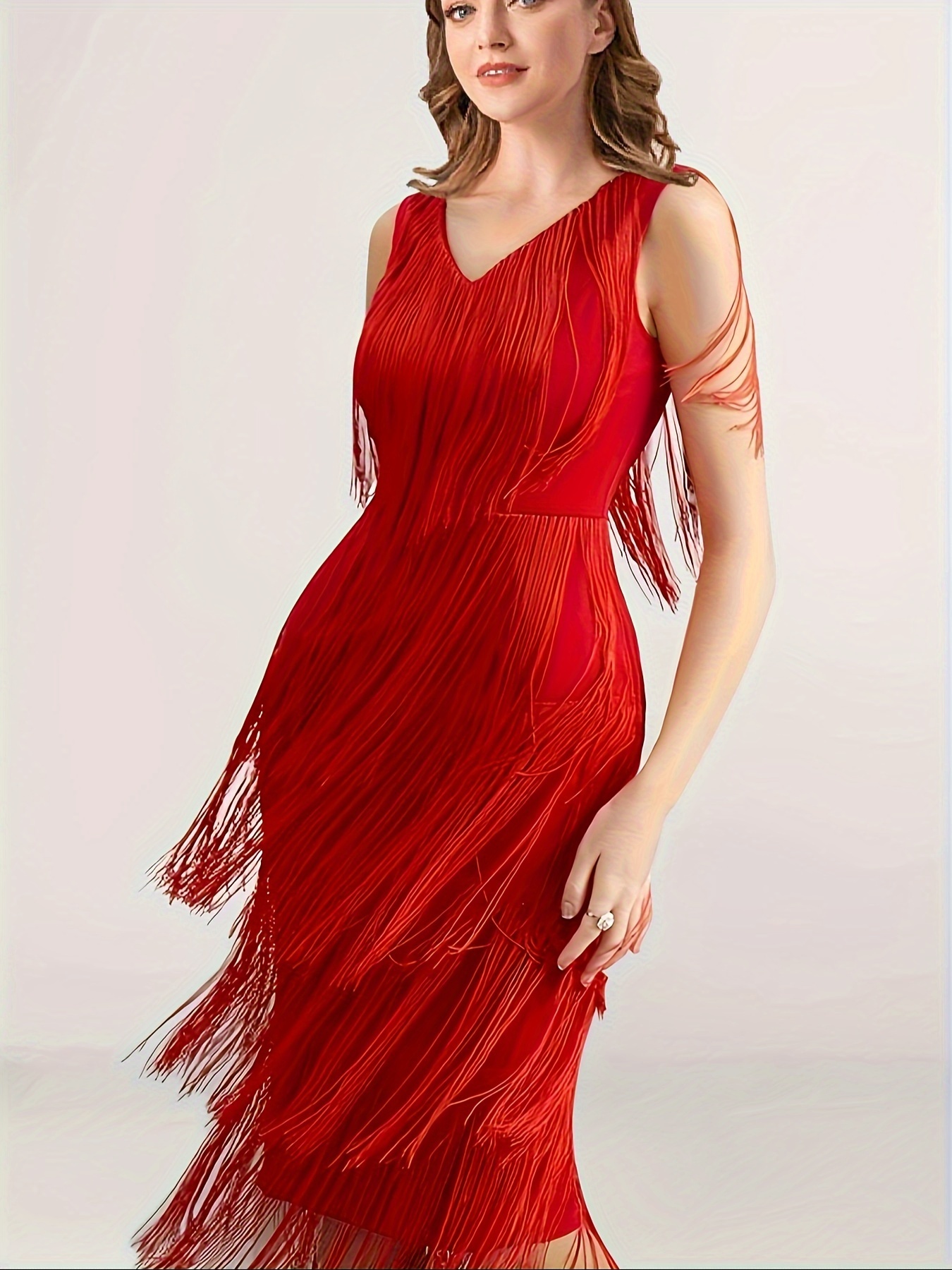 Vermelho borla vestidos femininos sexy com decote em v franja