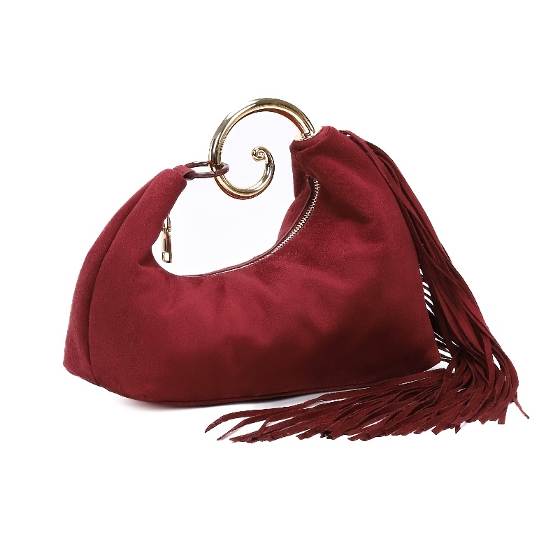A Luxurious Suede Handbag for The Fall And Winter Seasons, Featuring a Stylish Vintage Tassel Design Available in Four Colors (Burgundy, Purple-Brown, Coffee), with an Optional Premium Texture, an Elegant Tassel Handbag