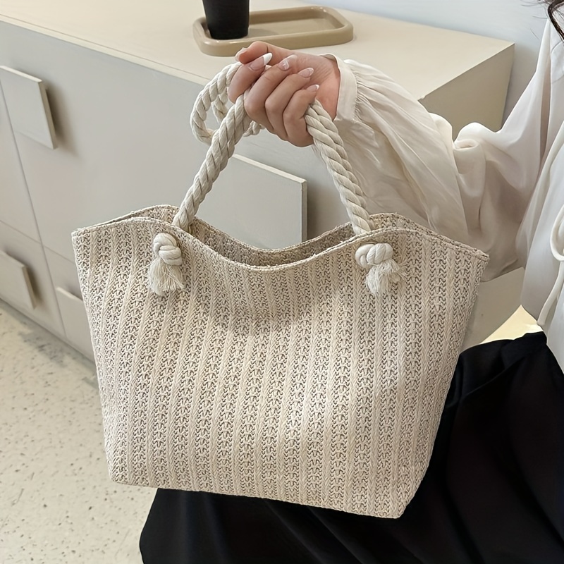 

Large Minimalist Woven Canvas Tote Bag With Rope Handles, Versatile Storage Travel Beach Bag For Women