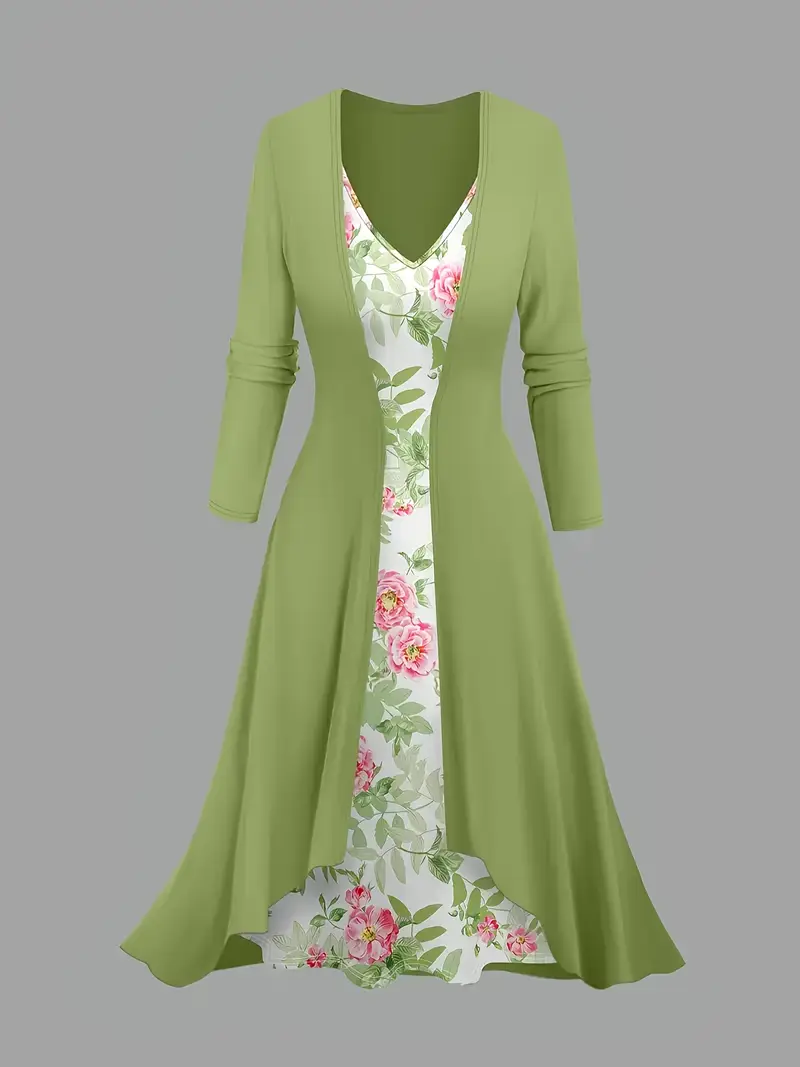 elegant floral print sleeveless dress long green cardigan - Temu Oman elegant floral print sleeveless dress long green cardigan - Temu Oman