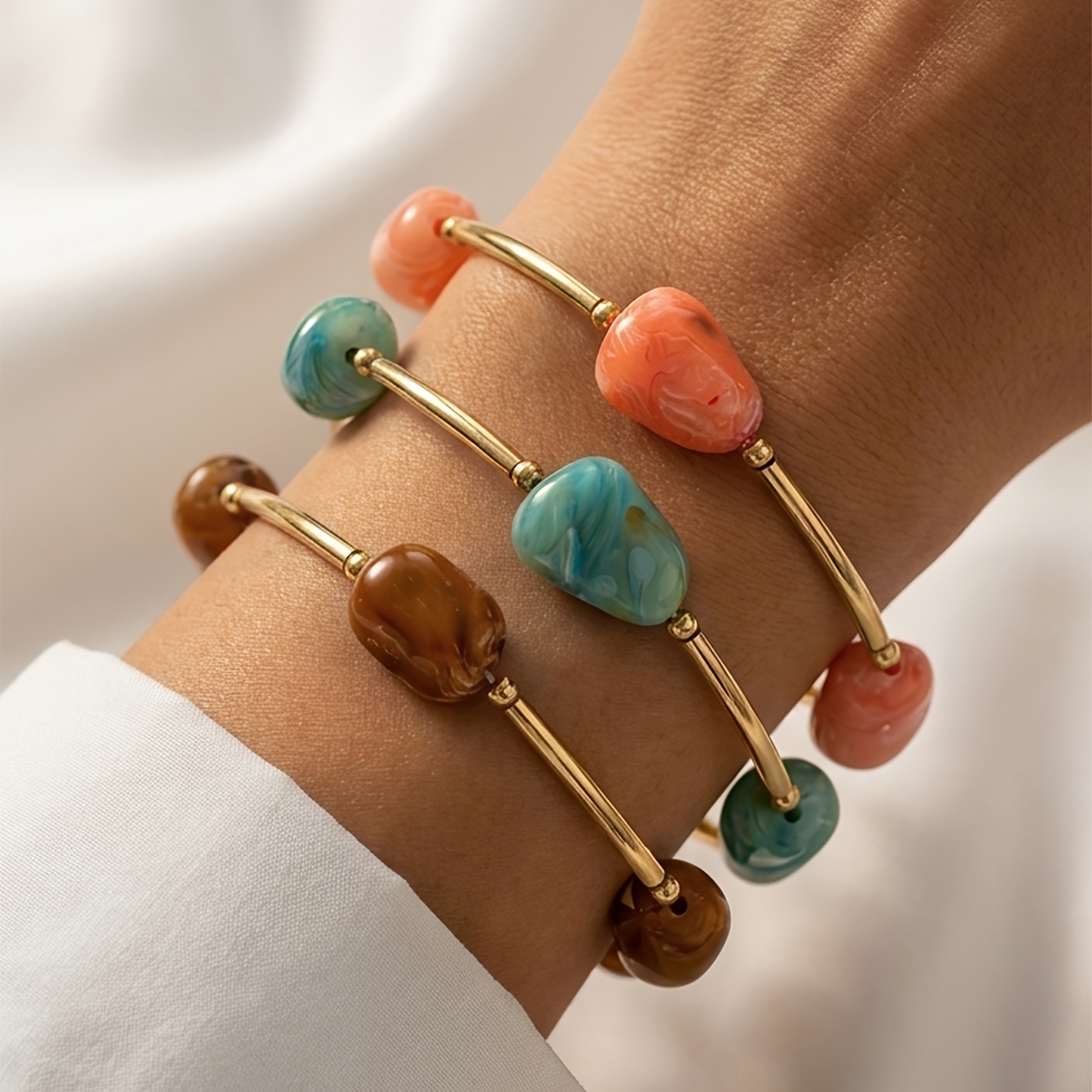 TEMU 3pcs Minimalist Multicolor Stone Mosaic Design Women's Fashion Bracelets, Stackable, Exquisite Niche All-match Suitable For Daily Wear, Parties,