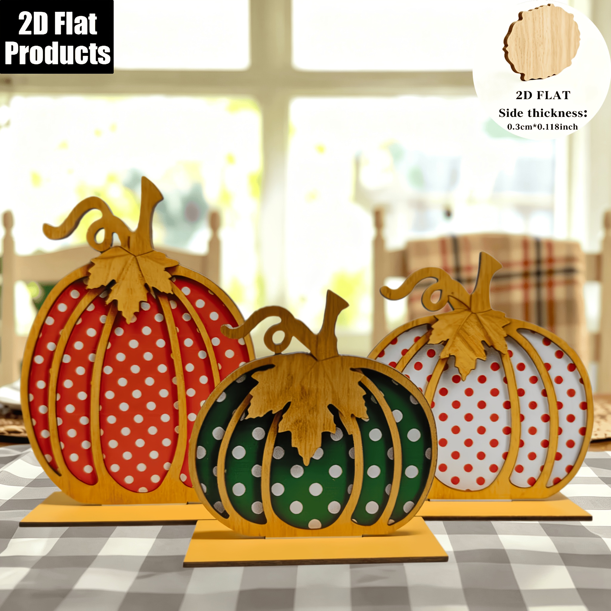 TEMU 2d Flat, 3pcs Pumpkin Wooden Desktop Ornaments, Wooden Pumpkin Decorative Pieces, With Maple Leaf Shapes, Retro Farmhouse Style Autumn