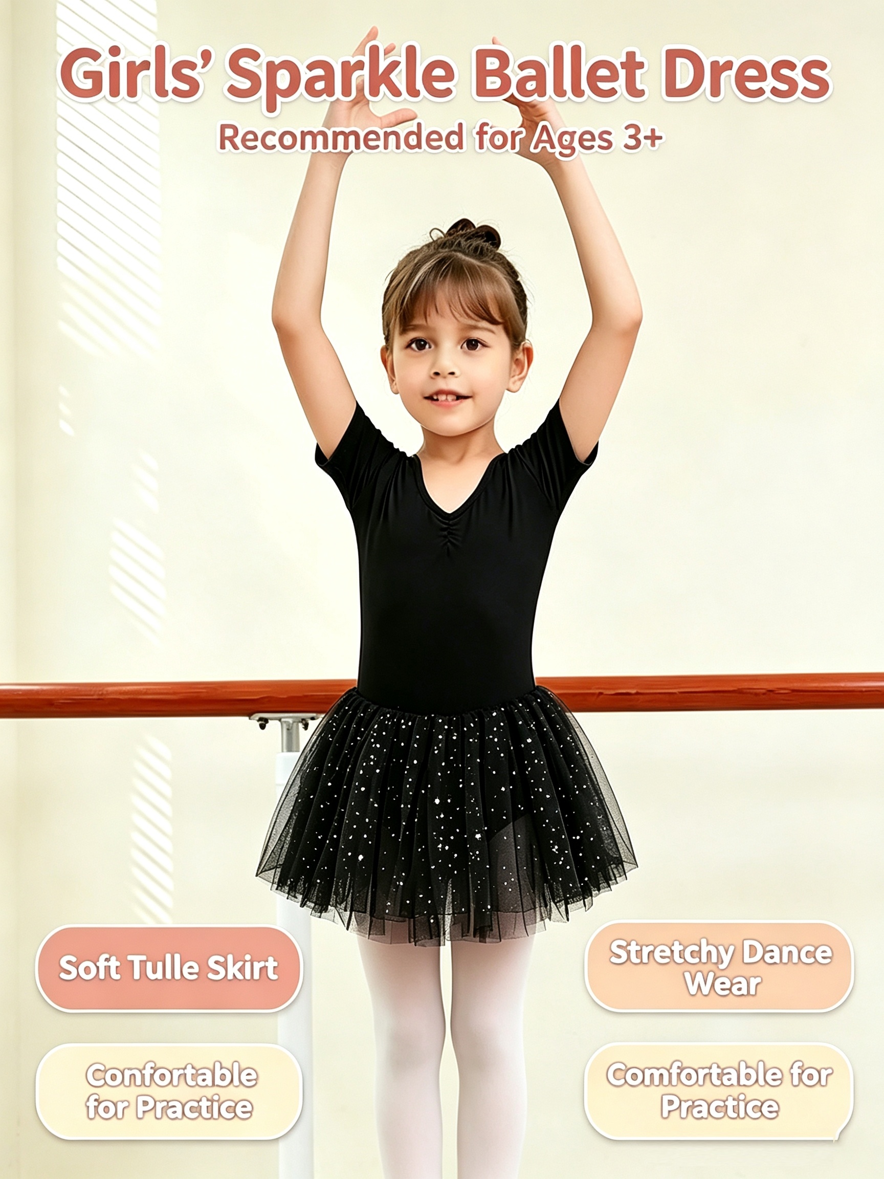 imagen del artículo falda tutú de ballet, leotardo de manga corta para niñas, falda de tul acolchada con lentejuelas, adecuada para clases de   y   teatrales