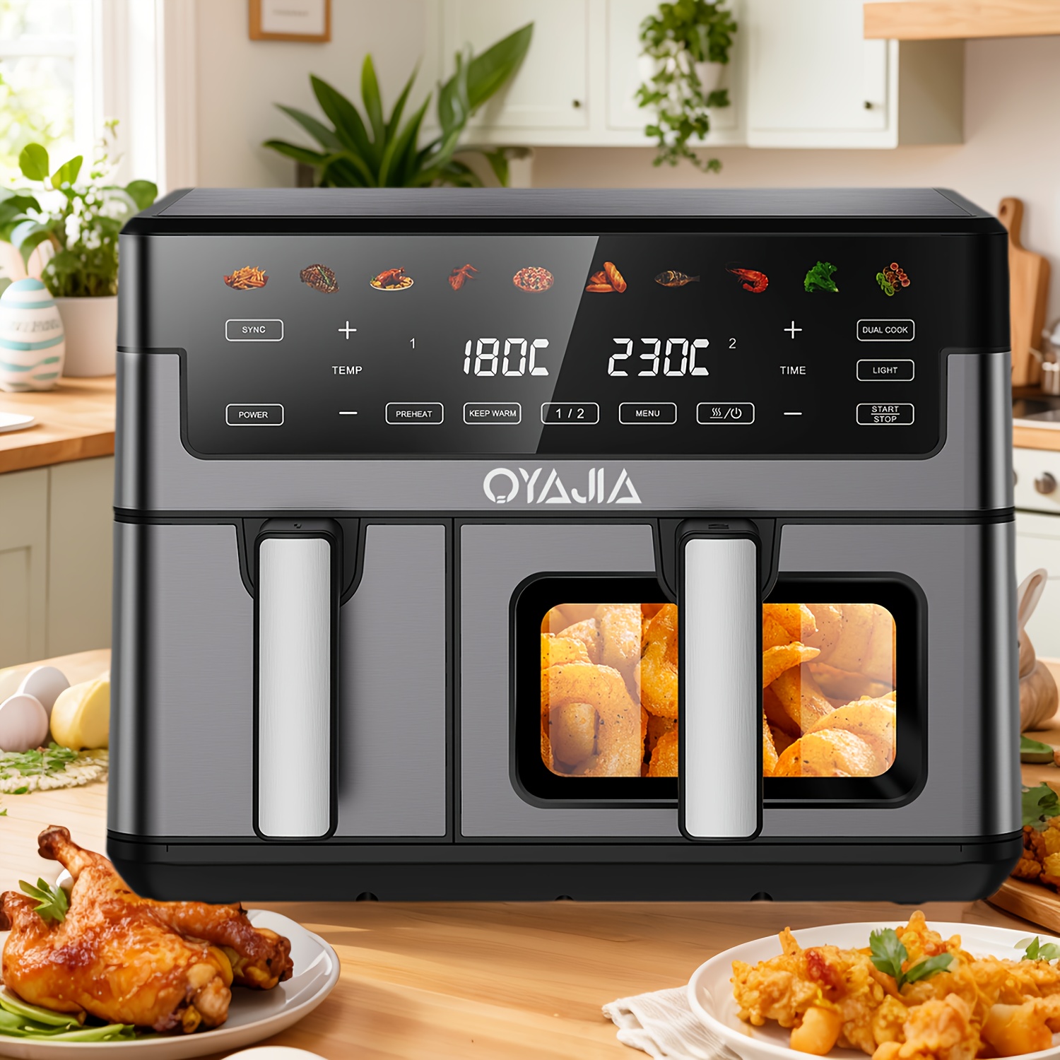 10l Stainless Steel Air Fryer With Window, 3.5l And 6.5l Capacity, 10 Cooking , 60-minute Digital Timer, Modern Countertop Dual Basket Air Fryer