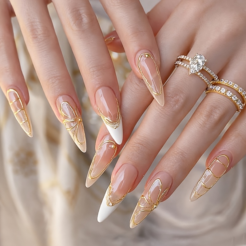 TEMU Uñas postizas 3D con diseño de flores doradas, punta de tacón almendrada, uñas acrílicas largas, superficie , puntas blancas, diseño de /verano,