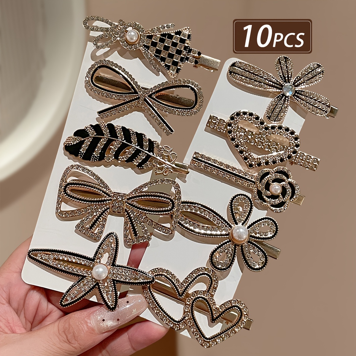 TEMU Lot de 10 pinces à cheveux à strass pour femme, plusieurs styles incluant fleurs, cœurs et nœuds, accessoires de cheveux élégants et pour un de