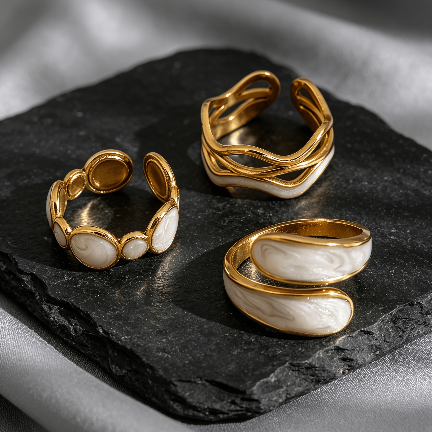 Image of 3pcs Set, Fashionable New Style 304 Stainless Steel Irregular Painting Oil Ring Set, Designed Rings Suitable For Daily Men And Women