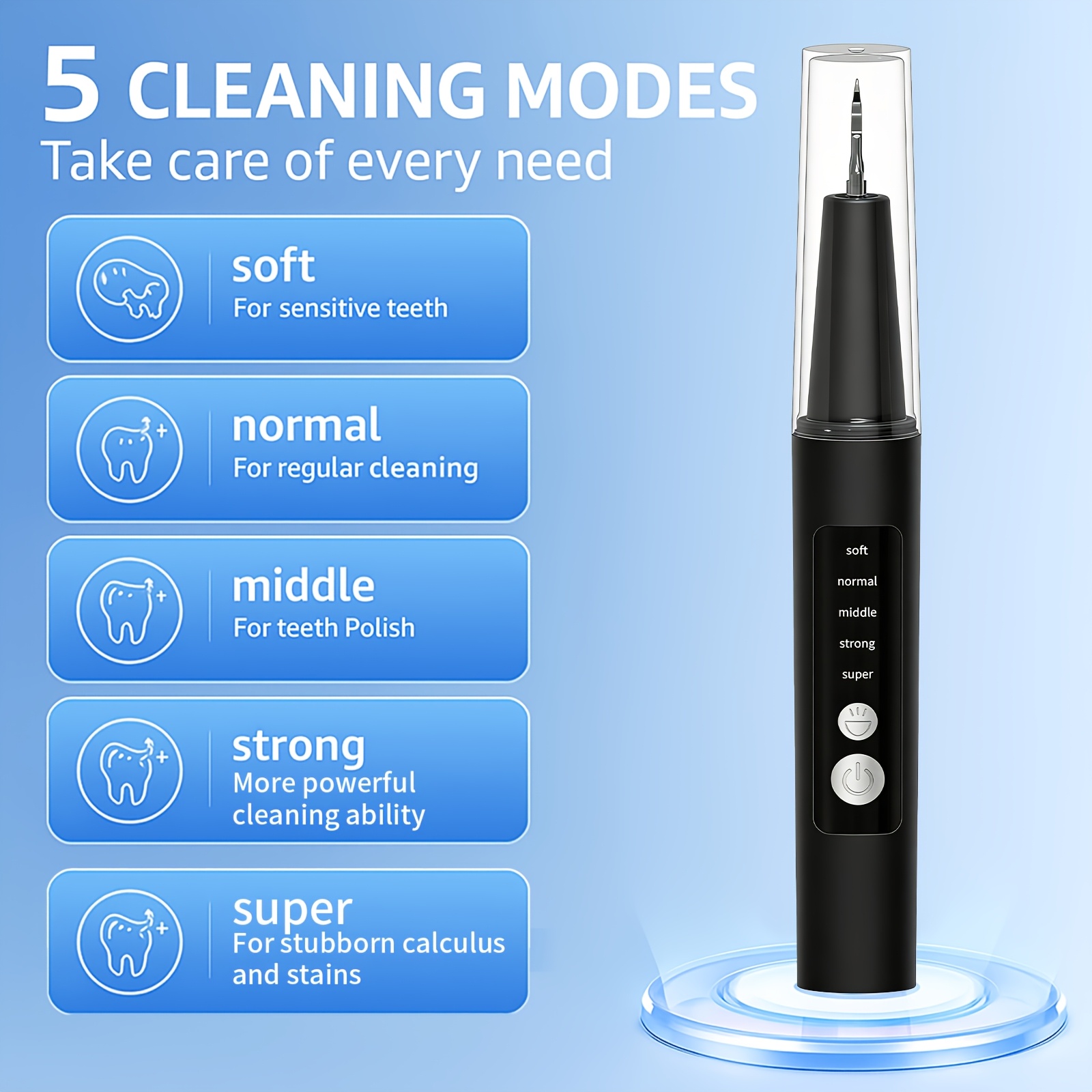 Plaque Removal Kit - Electric Tooth Cleaner, with 5-Level Adjustable LED Light, 4pcs Interchangeable Heads And 1pc Oral Mirror, Electric Toothbrush, Holiday Gift for Parents, Gift for Girlfriend