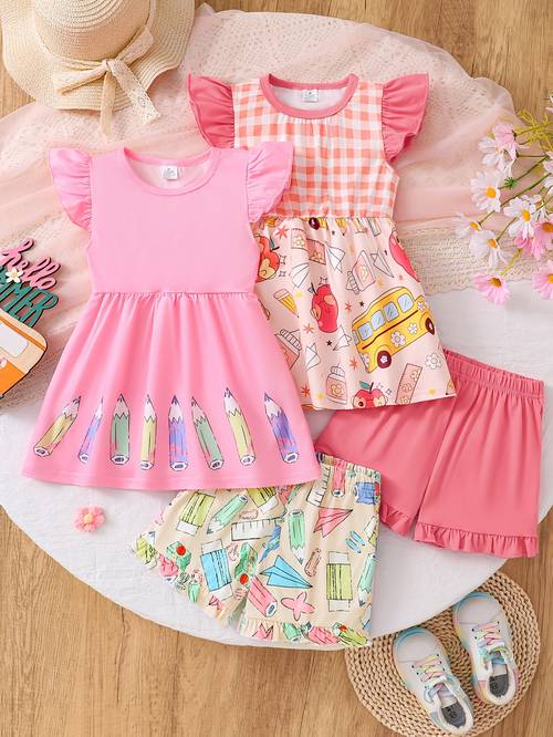 4pcs 2 set combo set girls summer lightweight sleeveless shorts outfit comfortable and simple round neck tank top matching color pants 2pcs childrens clothing cute and style versatile pullover apparel