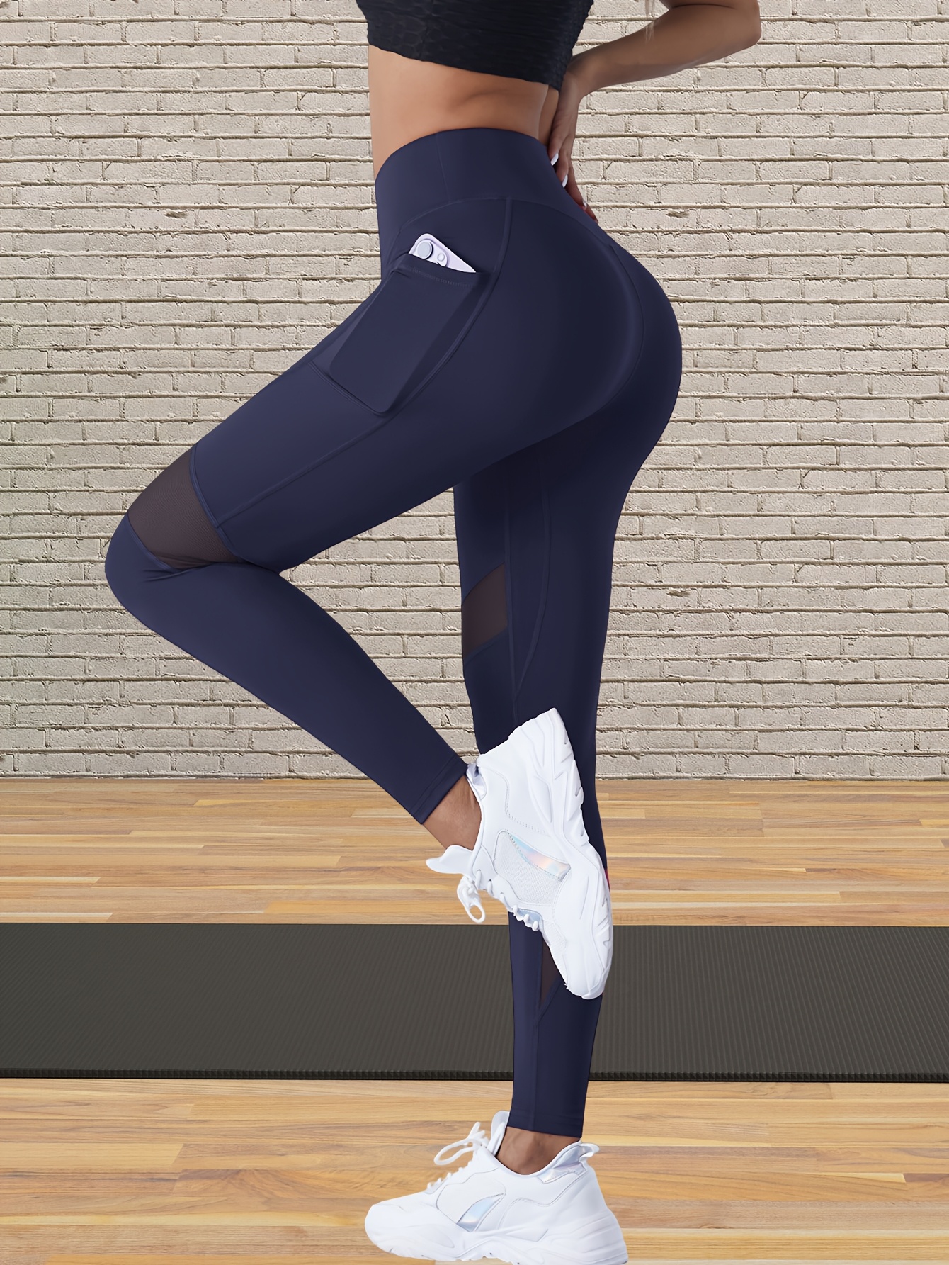 Yoga Tights with Abdominal Reduction and Contrast Color Mesh Fitness Gym Tights with Side Phone Pockets Yoga Leggings