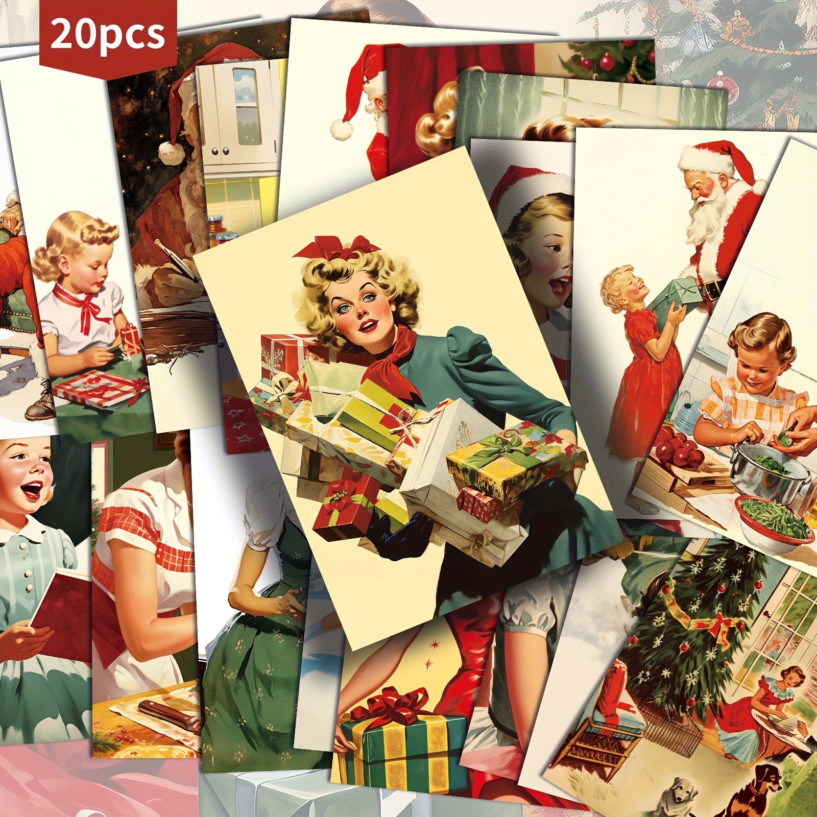 TEMU Set Of 20 Retro Holiday Postcards Featuring 1950s Christmas Designs - 4x6 Inches, Perfect For Junk Journals, Showcasing Classic Pinup Art, Ideal