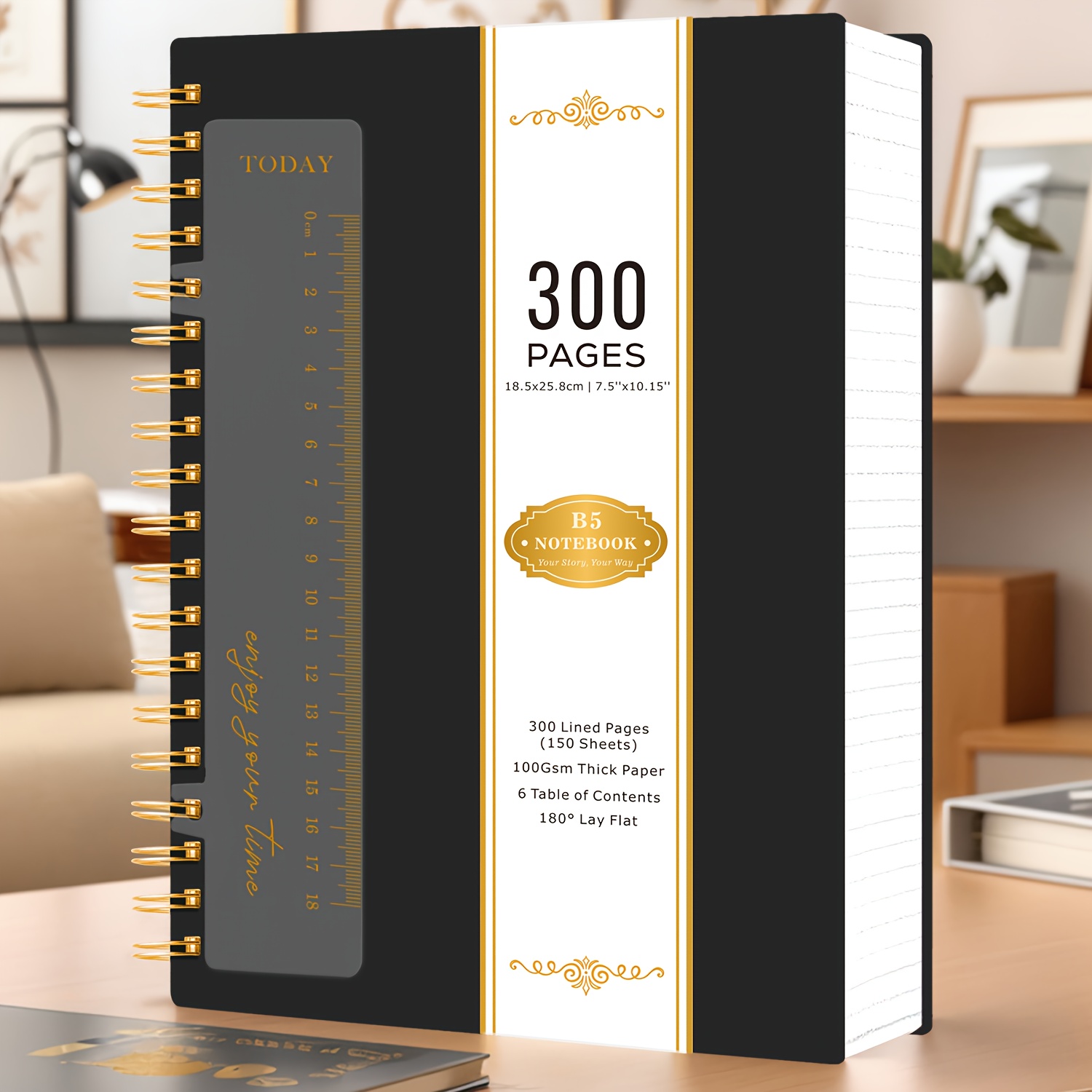 B5 Notebook Journal For Women/ Men, 300 Pages Spiral Notebook With Ruler, 100gsm Thick Paper, No Bleed, Pvc Cover, Hardcover Lined Notebook For Journaling & Note-taking, 7.5" X 10.1"