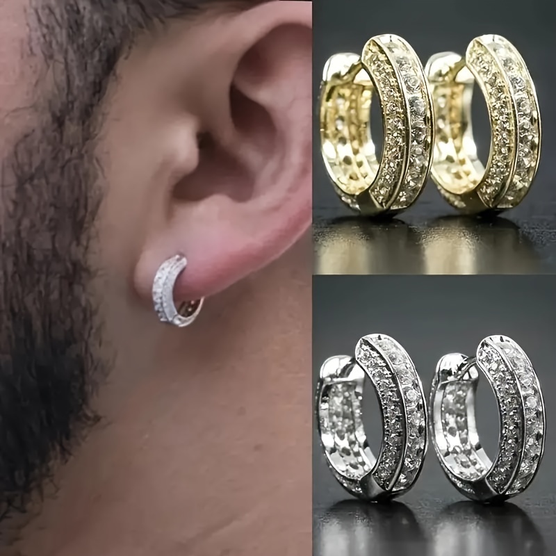 

A Set Of 2 Hip-hop Ice Hoop Earrings With Square Crystal Zirconia, Suitable For Men And Women, Perfect For Fashion And Individuality, Suitable For Rap And Rock Jewelry.