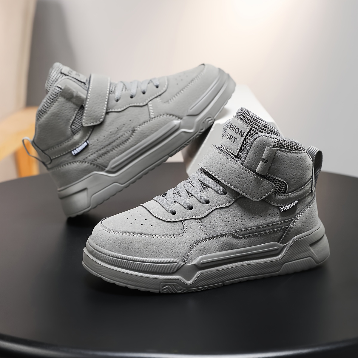 Boys' All-Season Versatile and Comfortable Casual Sneakers, with a Convenient Hook-and-loop Fastener for Easy On/off Wear. These Gray High-end Sneakers Feature a Soft, Cushioned, and Anti-slip Sole, Making Them Ideal as Breathable High-top Skate