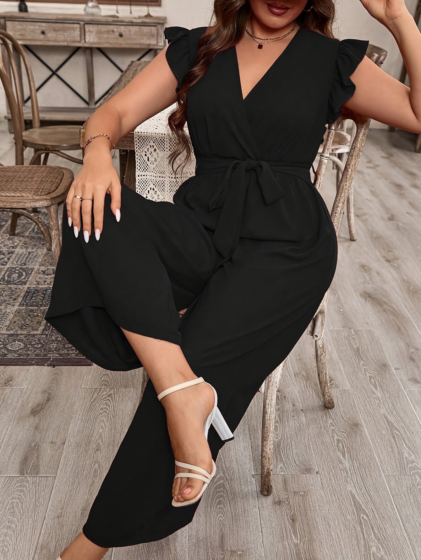 Elegant V-Neck * Sleeve Belted Jumpsuit - Solid Color Non-Stretch Fabric *  for Casual \u0026 Formal Occasions elegant jumpsuits for women sold on Temu United States