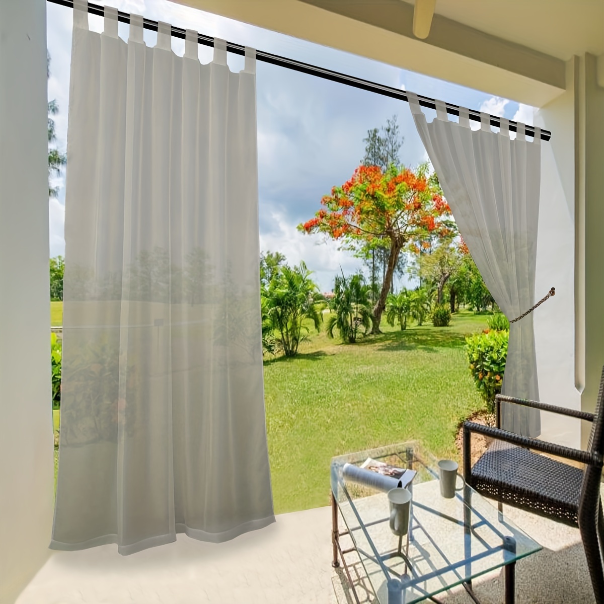 

1pc Outdoor Volie Curtain, Waterproof Light Weight Curtain With Tab Top, For Porch Pergola Patio Decoration