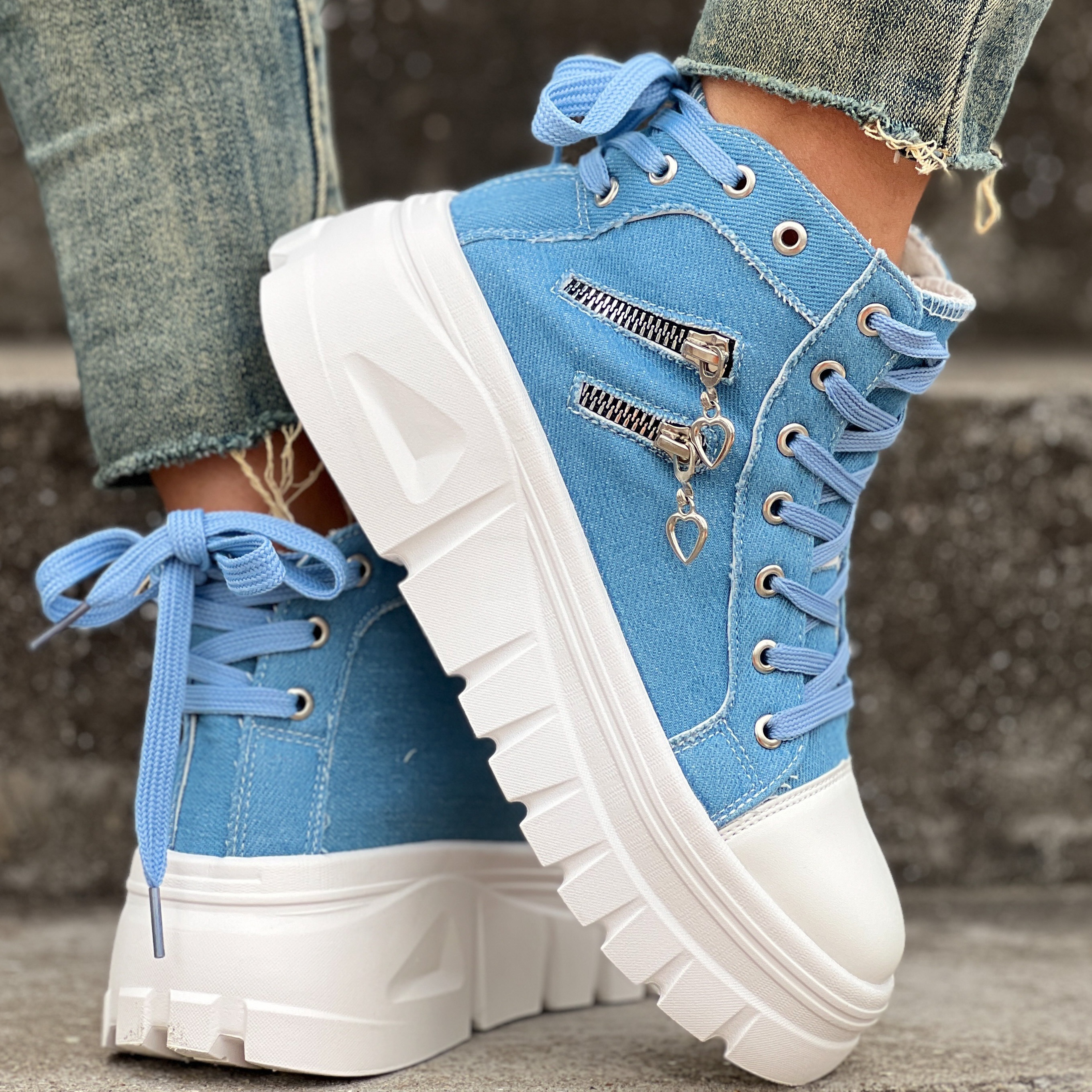 popular thick soled double lace double zip high top casual - Temu