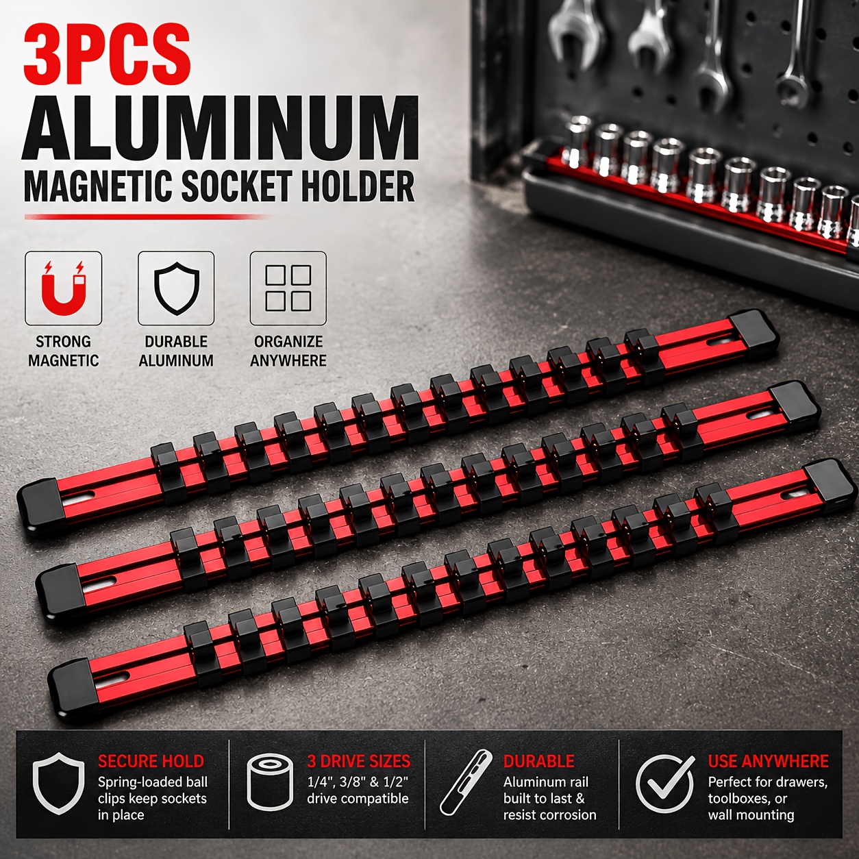 TEMU Aluminum Tool Socket Holder 3pcs Set | Red, 1/4-inch X 16 Clips, 3/8-inch X 16 Clips, 1/2-inch X 14 Clips | 360 Degree Rotation - Heavy Duty