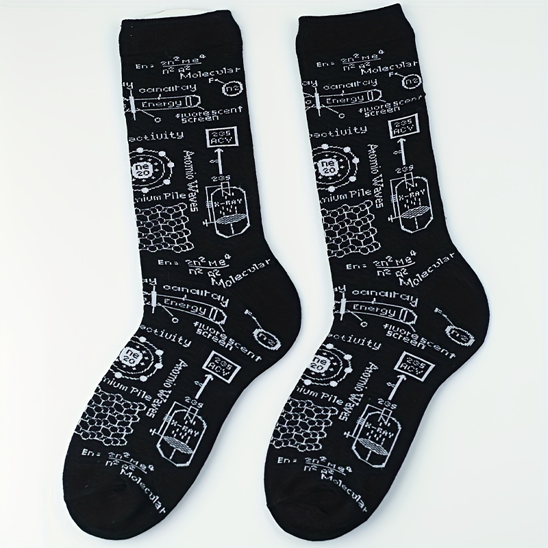 

A Pair Of Men's Chemical Formula Pattern Crew Socks, Cotton Blend Knitted Comfy Breathable Casual Soft & Elastic Socks, Spring & Summer