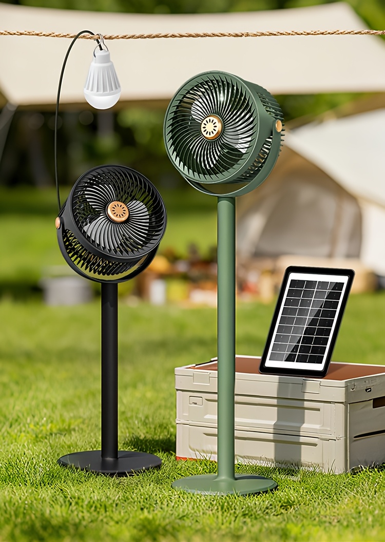 A Easy Outdoor Solar-Powered Floor Fan with a Circulating Function, Featuring Four Height Adjustment Modes, a Type-C Quick Charging Version, a Five-Speed Desktop Fan, a Retractable Electric Floor Fan, an Ultra-Long-Lasting Outdoor Cooling Device