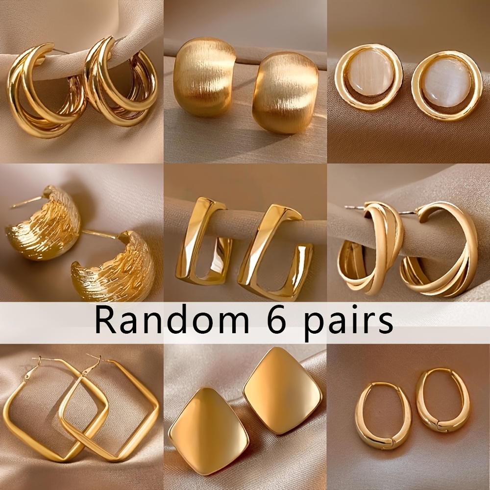 TEMU Juego aleatorio de 4/6 de aretes dorados de lujo , aretes de aro de , aretes de metal con diseño de