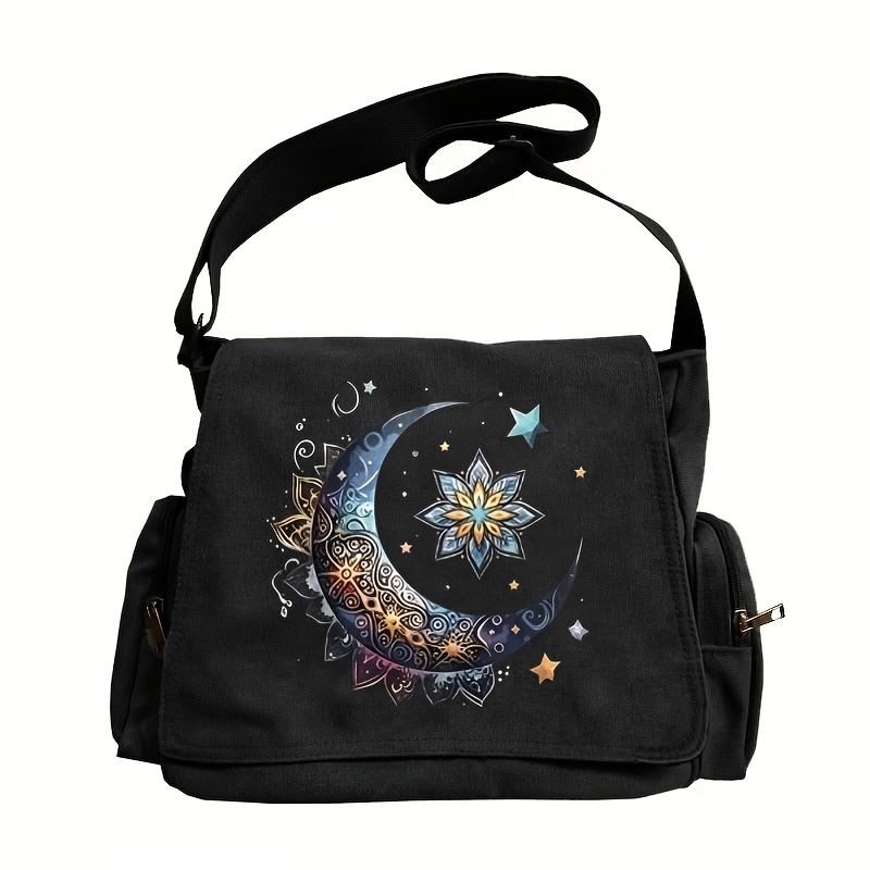 TEMU Large Capacity Shoulder Bag, Flip Retro Tote Crossbody Messenger Bag, Gray Round Neck Moon Print , Trendy Individual Daily Outing Travel Campus
