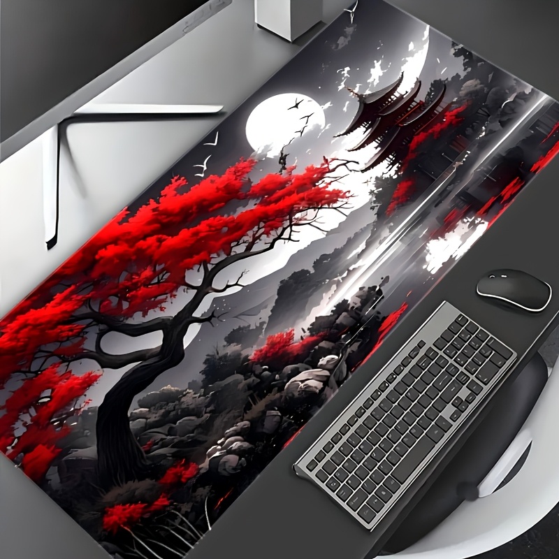 1pc Large Red Fire Style Mouse Pad - Non-Slip, Washable, Vibrant Red & Design with Japanese-Inspired Landscape, Perfect for Halloween & Christmas Gifts