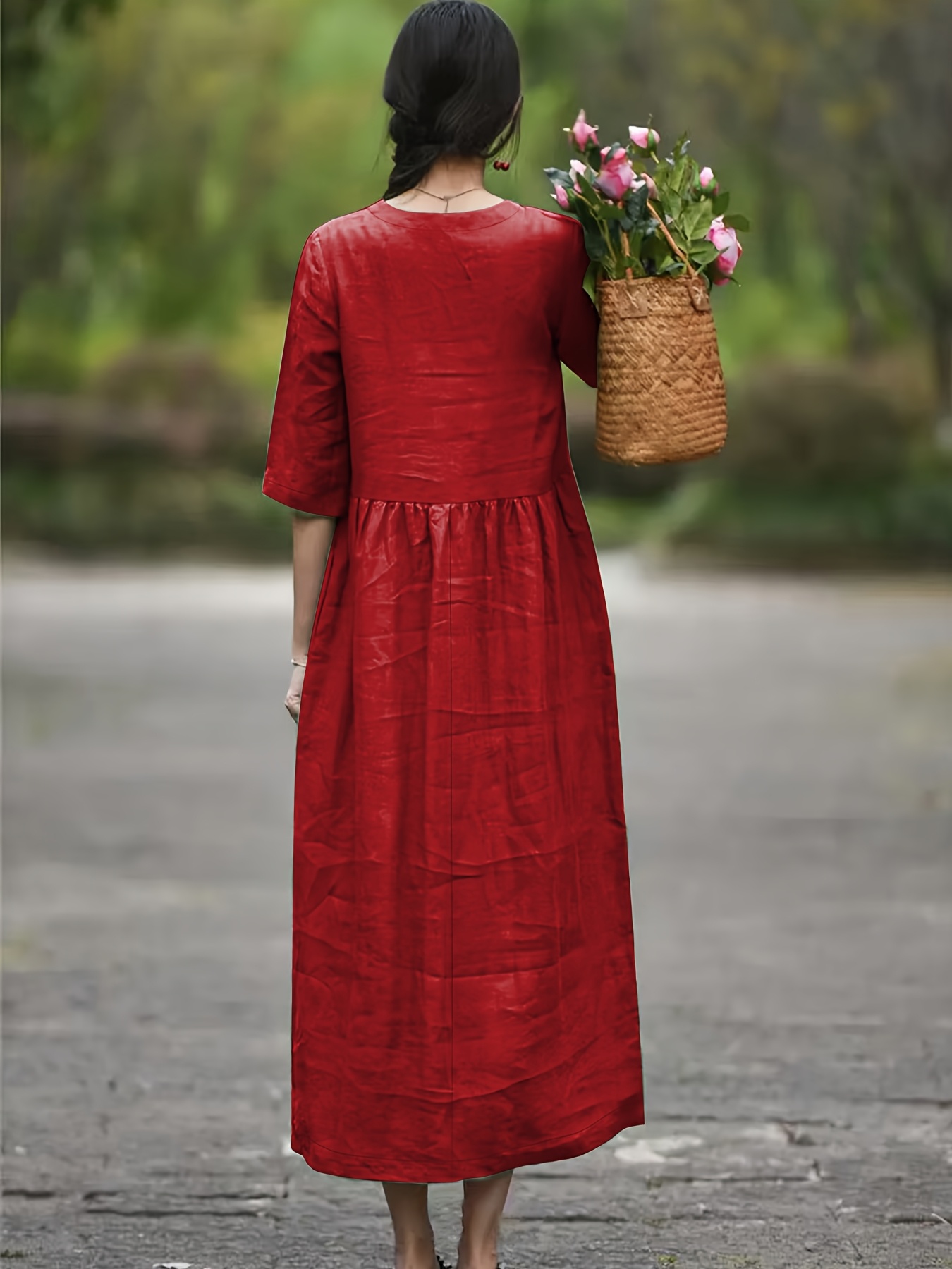 Casual Dresses Loose Fitting Red Dress Women's Elegant Casual 3/4