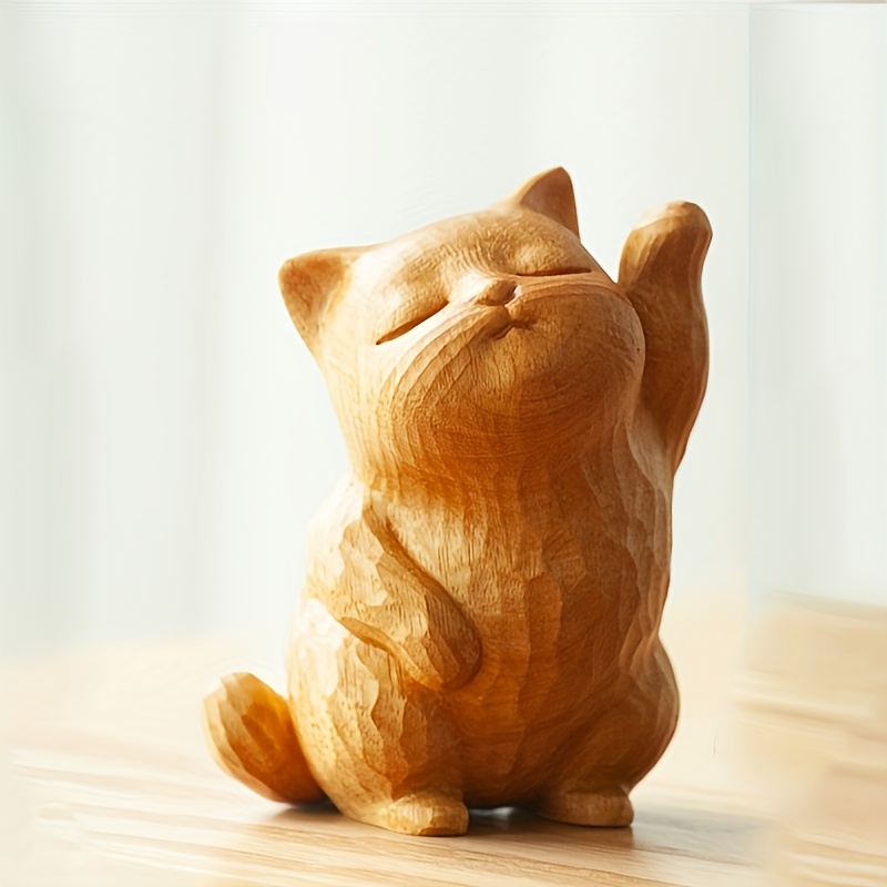 木製置物 猫 三毛猫 鈴付き 動物 彫刻 木彫り 小さい 飾り 卓上
