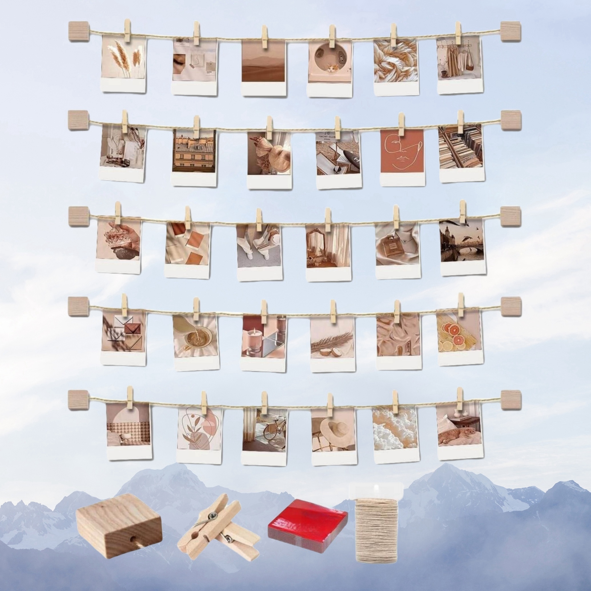 

51-piece Hanging Photo Display Wall Collage Kit With Adjustable Hemp Rope, Includes 30 Wooden Clips And 10 Self-adhesive Tapes For Dorm Room Decor & Collage Art