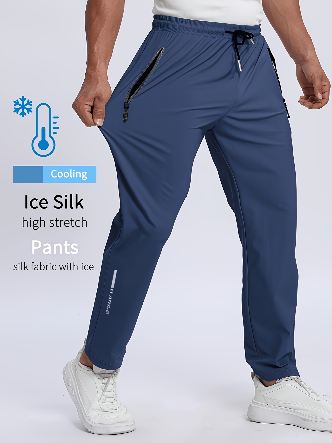 ice silky breathable mens sports pants with printed reflective details on the cuffs pockets and drawstring zipper details moisture wicking thin and quick drying outdoor pants   outdoor sports   fitness training