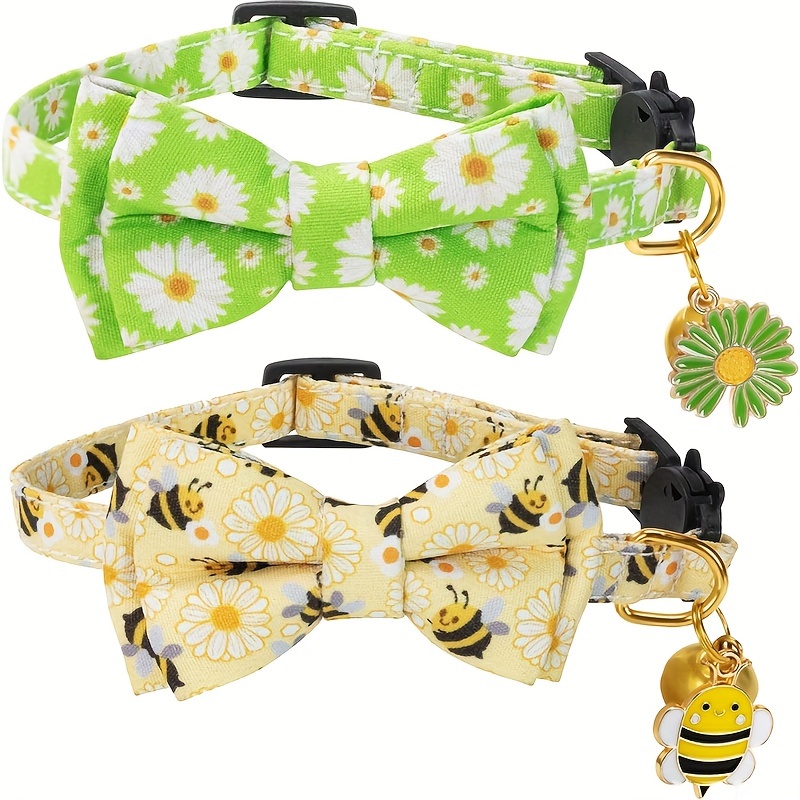

Breakaway Cat Collar With Bow Tie & Bell - Soft Polyester Fiber, Adjustable Daisy Bee Design For Female & Male Cats - 1 Pack