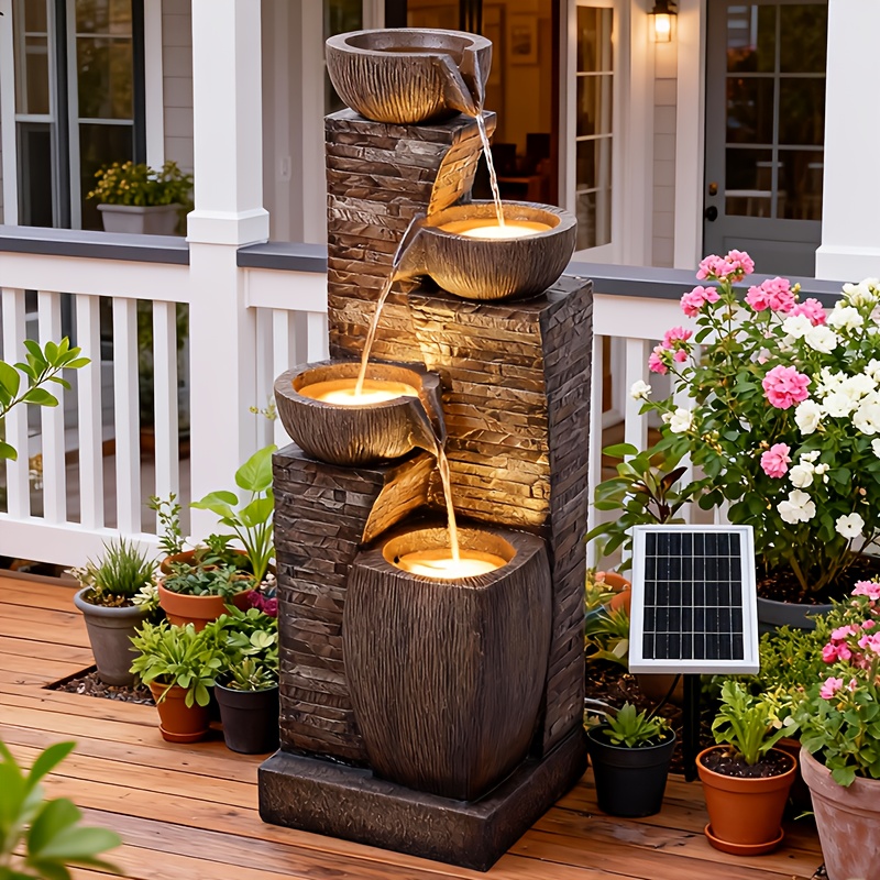 38 2 tall solar powered water fountain for outdoor 4 tiers modern cascading bowls and stacked stones solar fountains with led lights and ip68 pump for garden patio deck backyard and home art decor