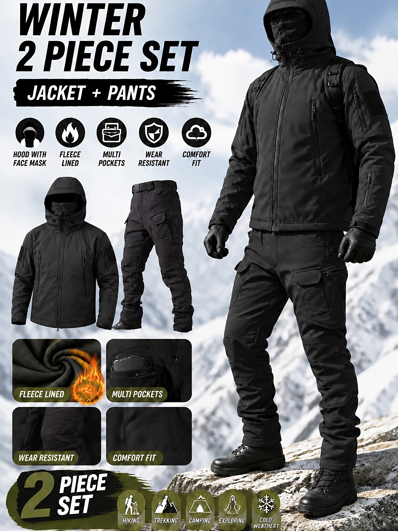 Men's Multi-Pocket Softshell Jacket & Cargo Pants Set with Face Mask