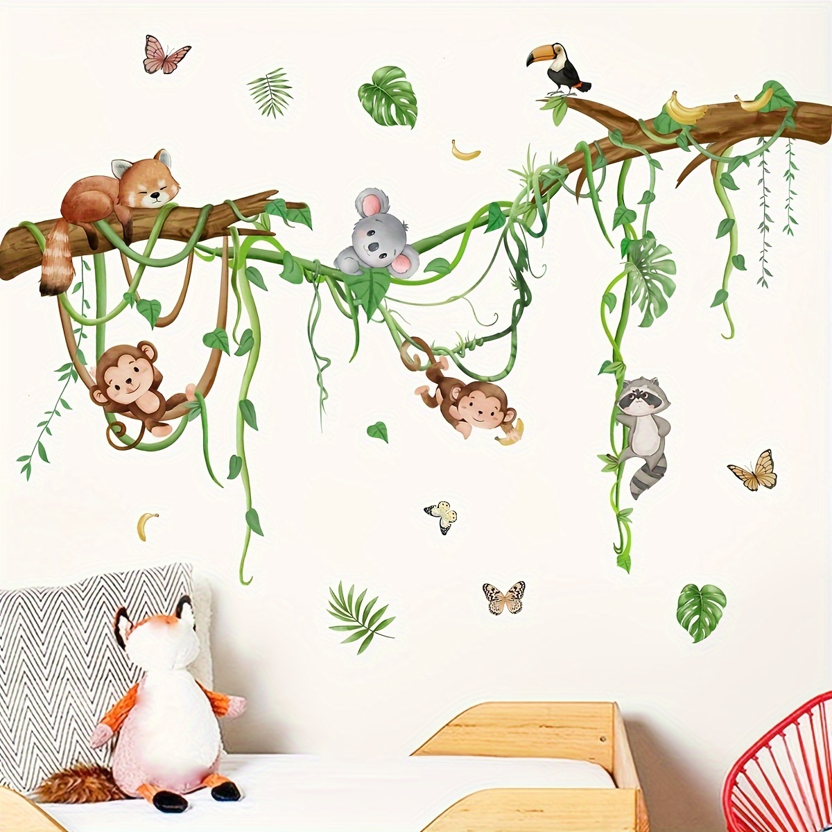 

1pc Whimsical Monkey & Vine Wall Decal - Cartoon Forest Animal Sticker For Living Room And Bedroom Decor, No Power Needed