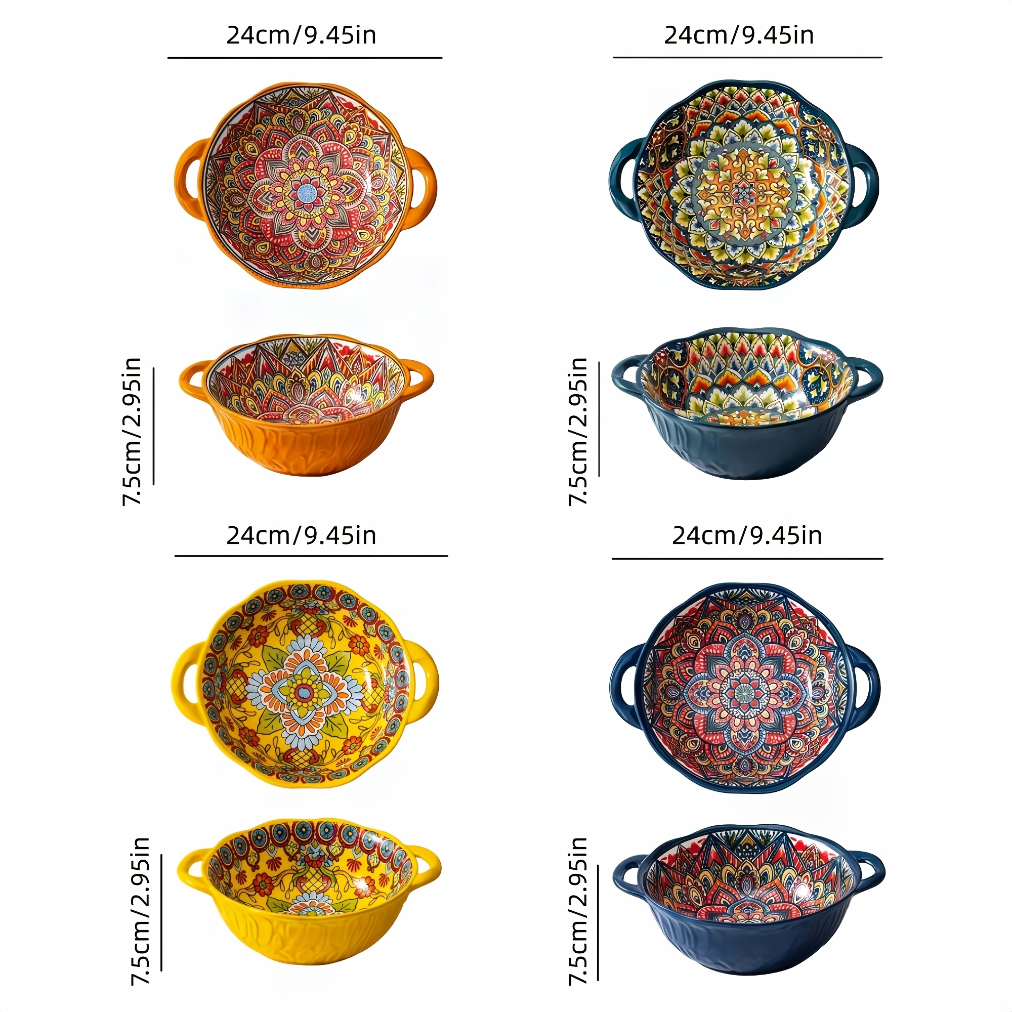 TEMU Taufikt 4pcs Bohemian Style Ceramic Bowls, Handmade Underglaze Bowls For Noodle Salad, Double Sided Ceramic Pasta Bowls, Household Kitchen,