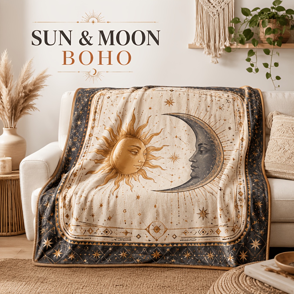 Herbst/Winter Warme Sonne- Mond-* Böhmische Flanelldecke für Wohnzimmersofa, Überwurfdecke für Schlafzimmer, Nickerchen-Klimaanlagen-Decke, Büro-Nickerchen-Schal, verdickte warme Überwurfdecke für die