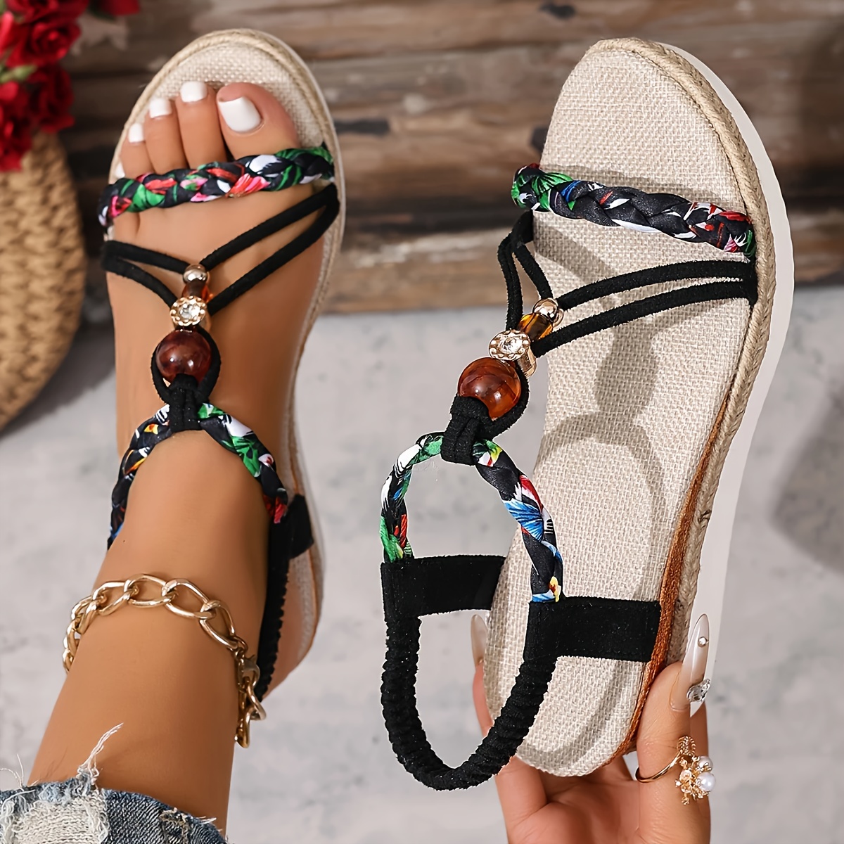 TEMU Ladies' Summer New Wedge Sandals - Bohemian Style, Thick-soled Beach Sandals, And Wear-resistant Beach Sports Sandals, Plus Size Us11 Woven